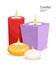 Decorative burning candles set isolated on white background. Different types and colors of handmade candles. Vector