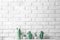 Decorative cacti on table near brick wall, space for text