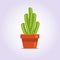 Decorative cactus with prickles on the white background. Home plant in pot. Flat style icon