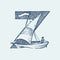 Decorative capital letter Z. Marine ancient style. Waves and the sea in letter. Old Vintage typeface. Editable and