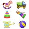 Decorative children toys set of horse ball rainbow xylophone pyramid helicopter truck isolated vector illustration