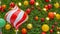 Decorative of Chistmas tree with fake red and white lollipop candy, golden yellow and, red bolls on green leaves of pine tree