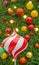 Decorative of Chistmas tree with fake red and white lollipop candy, golden yellow and, red bolls on green leaves of pine tree