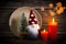 Decorative christmas tree,   card   greeting  candle seasonal decoration party on wooden background