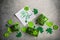 Decorative clover leaves, green gifts box, coins on stone background, flat lay. St. Patrick`s Day celebration. Card Happy St.