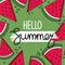 Decorative colorful background with ripe watermelon and english text. Hello summer