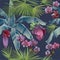 Decorative composition with blooming banana, palm leaves and orchid. Exotic seamless pattern
