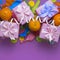 Decorative composition four boxes with gifts Satin ribbon Bow Oranges Confetti Serpentine birthday party.