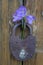 Decorative composition with rusty door lock and purple bell flowers