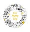 Decorative contour round garland. Ornate wreath with hearts, flowers and snowflakes. Design element with many cute details