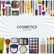 Decorative cosmetics for face, lips, skin, eyes, nails, eyebrows and beautycase. Make up background. Flat icons