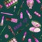 Decorative cosmetics, make up stuff collection in pink color palette, seamless pattern on dark green