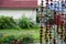 Decorative curtain with view on greenery.