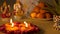 Decorative Diyas with bright flames lighted for worship for Diwali worship