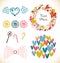 Decorative doodle collection with many cute elements. Hearts, flowers, angel wings, lollipops, sugarplum