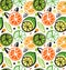 Decorative drawing seamless pattern with citrus fruits. Colorful tropical background.