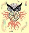 Decorative dream catcher in graphic style with owl skull