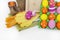 Decorative Easter composition. Birdhouse and Easter eggs. Flowerpots. Spring.