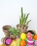 Decorative Easter composition. Birdhouse and Easter eggs. Flowerpots. Spring.