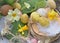 decorative easter eggs hidden in spring flowers in the garden