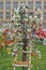 Decorative Easter eggs made of ribbons, threads and fabric at the Easter fair