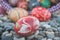 Decorative easter eggs in outdoor in the gravel