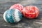 Decorative easter eggs in outdoor on wooden table