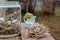 Decorative Easter eggs served festive table. Farm. Rustic style