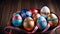 Decorative Easter Eggs on Wooden Surface