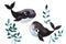 Decorative elements Two small cartoon dark blue whales are playing in the thickets of sea plants and algae. Cute baby illustration