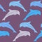 Decorative embroidered dolphins swim in the sea and ocean. Seamless pattern. Marine life. Cute cartoons.