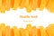 Decorative ending from a pile of slices of juicy orange on a white background. Fruit border, frame. Isolated. Food background. Cop