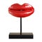 Decorative figurine on a stand in the form of red lips with a slightly open mouth on a white background. 3d rendering
