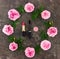 Decorative flat lay composition with cosmetics and flowers. Top view