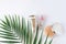 Decorative flat lay composition with cosmetics and green tropic leaf. Flat lay, top view on white background