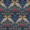 Decorative flower composition with stylized red poppies, bluebells and birds. Medieval gothic style seamless pattern.