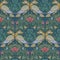 Decorative flower composition with stylized red poppies, bluebells and birds. Medieval gothic style seamless pattern.