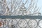 Decorative forged metal gates in white frost, close-up