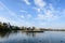 Decorative fountain on Plumbuita lake (Lacul Plumbuita) and park, in Bucharest, Romania, in a sunny autumn day with