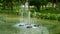 Decorative Fountains in a Pond Spraying Water Among Green Trees in a Public Park