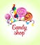 Decorative frame with realistic candies, colorful lollipops of various shape on background.