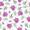 Decorative fresh cute green branch and pink flowers seamless pattern.