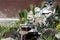 Decorative garden gnomes with faded color standing on top of improvised garden waterfall in suburban family house front yard