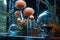 Decorative glass figurine with futuristic mushrooms outside. Ai