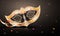 Decorative golden party mask on glossy gray background.