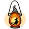 Decorative hanging lamp with the image of a silhouette of a witch flying on a broom. Element of interior design on theme