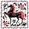 Decorative horse and floral ornament. Ethnic black and red painting