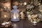 Decorative lantern, candles and Christmas decorations