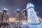 decorative lighthouse near the parking lot of yachts and ships in the Dubai Creek Marina Harbor. Travel and tourist