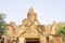 Decorative lintels in reconstructed ruins of ornately carved 10th-century, red sand stone, temple dedicated to the Hindu god Shiv